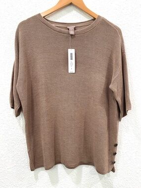 Chico's Top Women’s Size 1 / Size Medium Ribbed Short Sleeve Knit Selina Boat